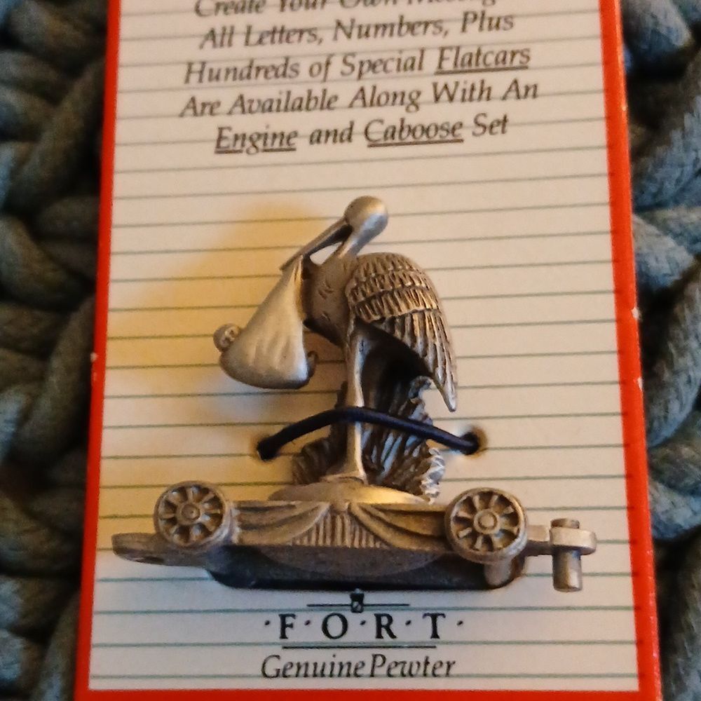 Vintage Fort Pewter 3D Stork With Baby NOC